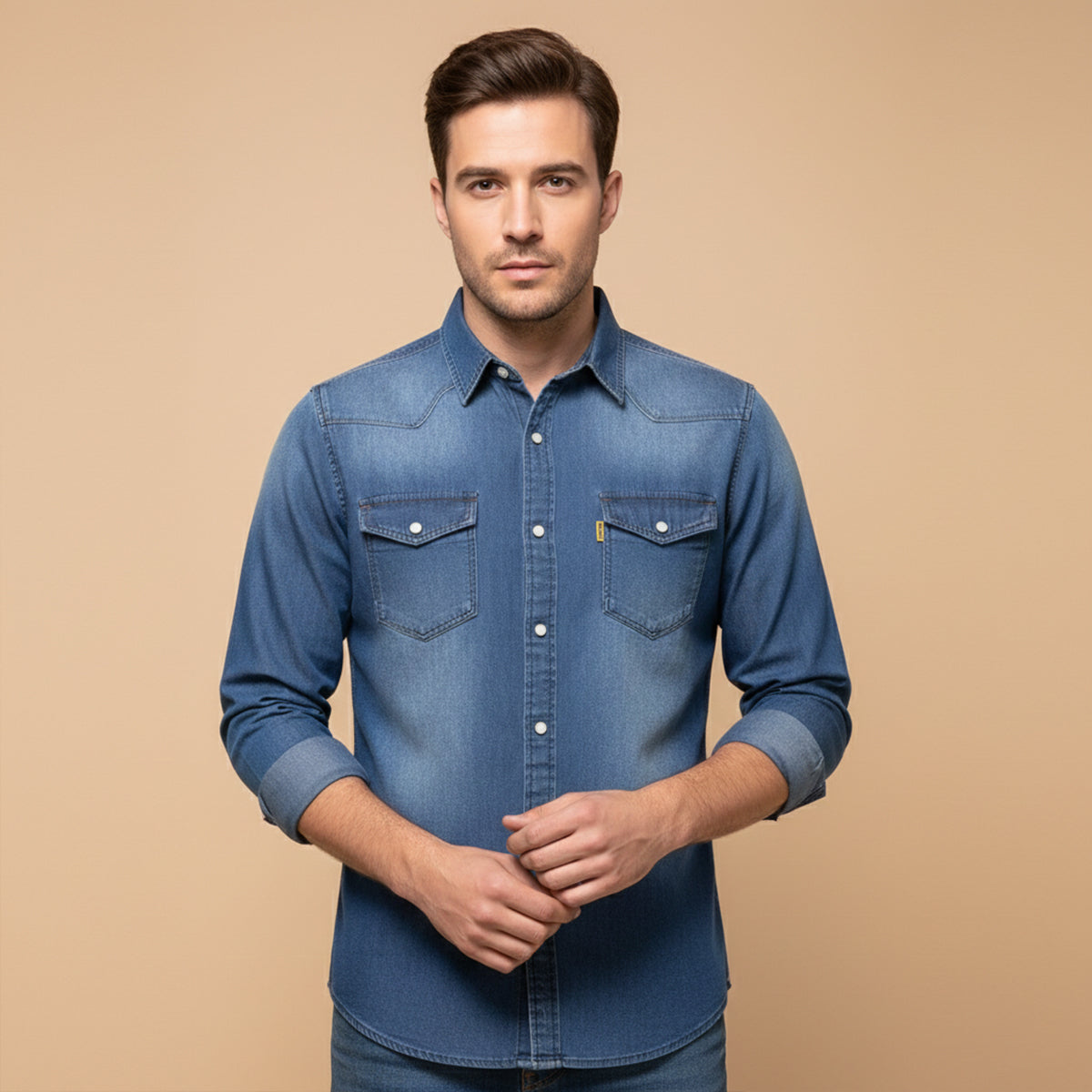 Men's denim button-down shirt, casual styling