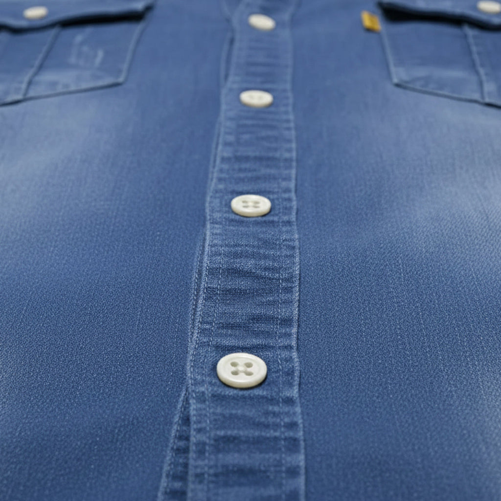 Men's denim button-down shirt, casual styling