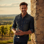 Men's denim button-down shirt, casual styling