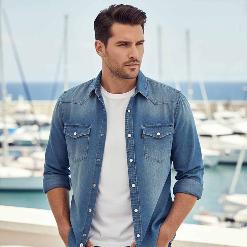 Men's denim button-down shirt, casual styling