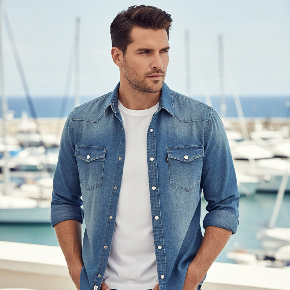Men's denim button-down shirt, casual styling