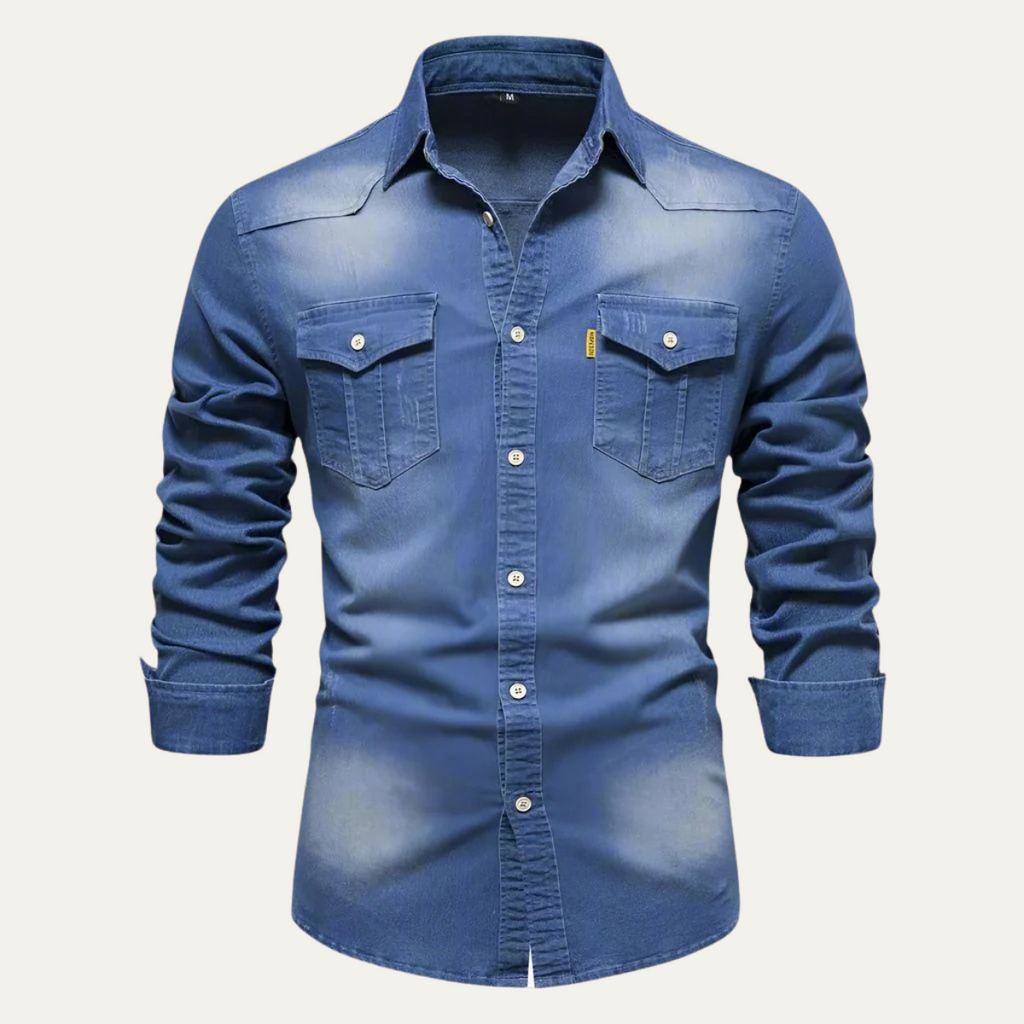 Blue denim button-down shirt for men, front view