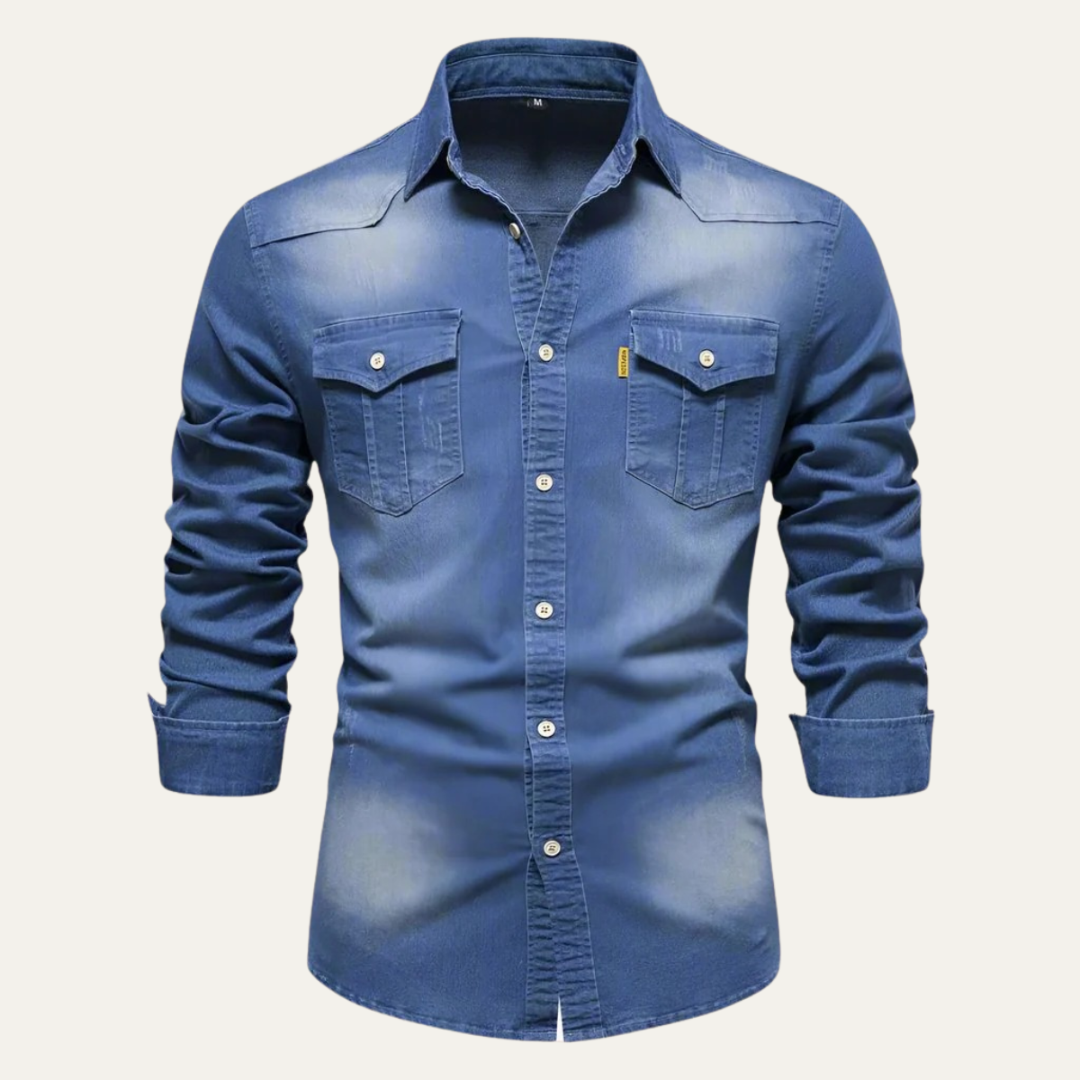 Blue denim button-down shirt for men, front view