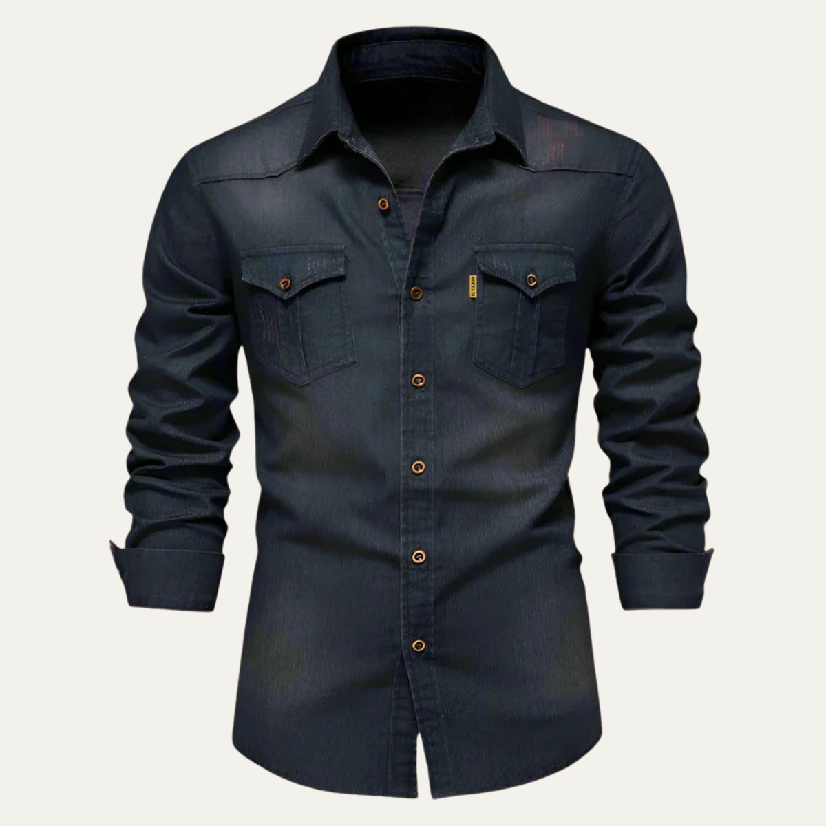 Dark blue denim button-down shirt for men, front view