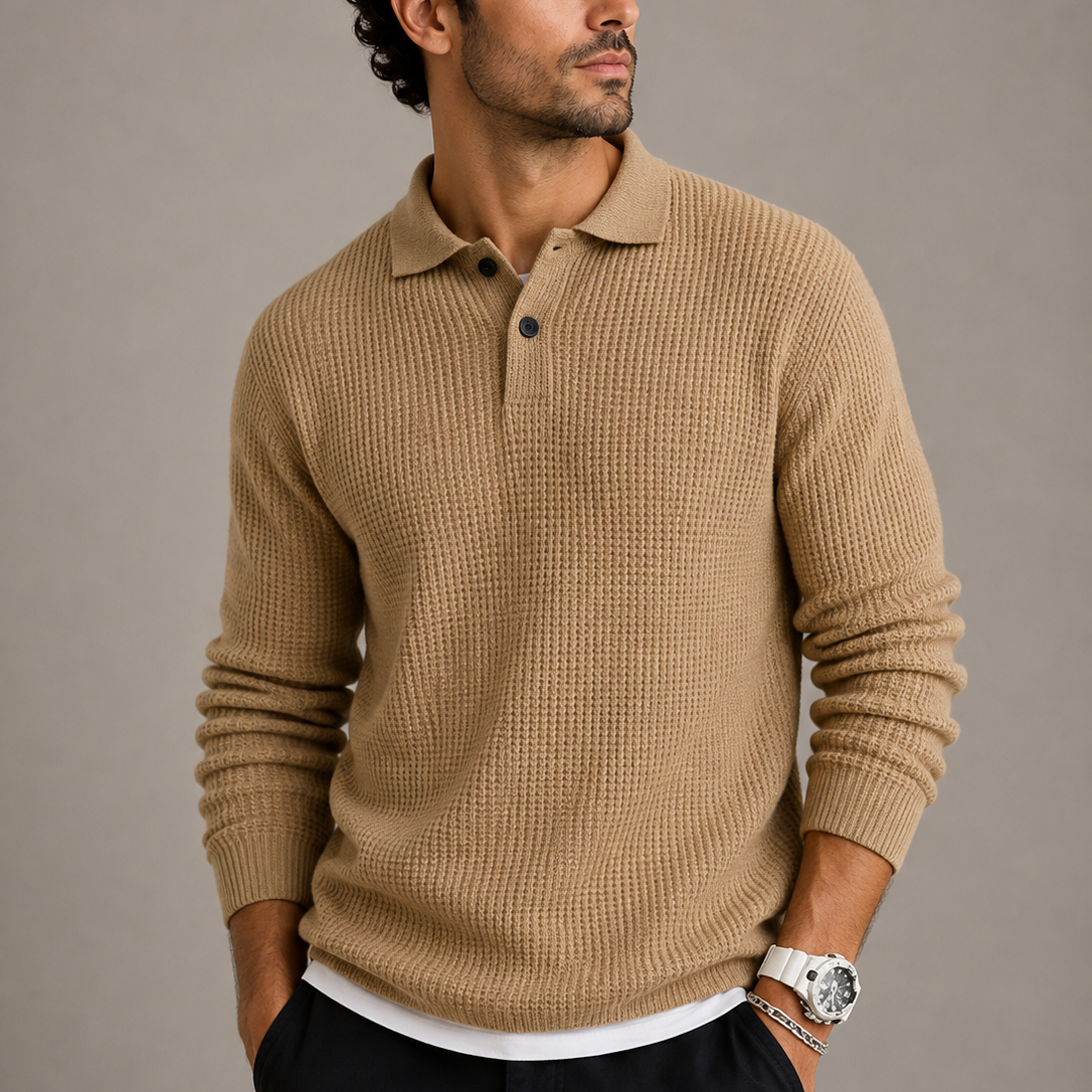 Men's Slim Fit Knit Sweater with Lapel Collar - Beige