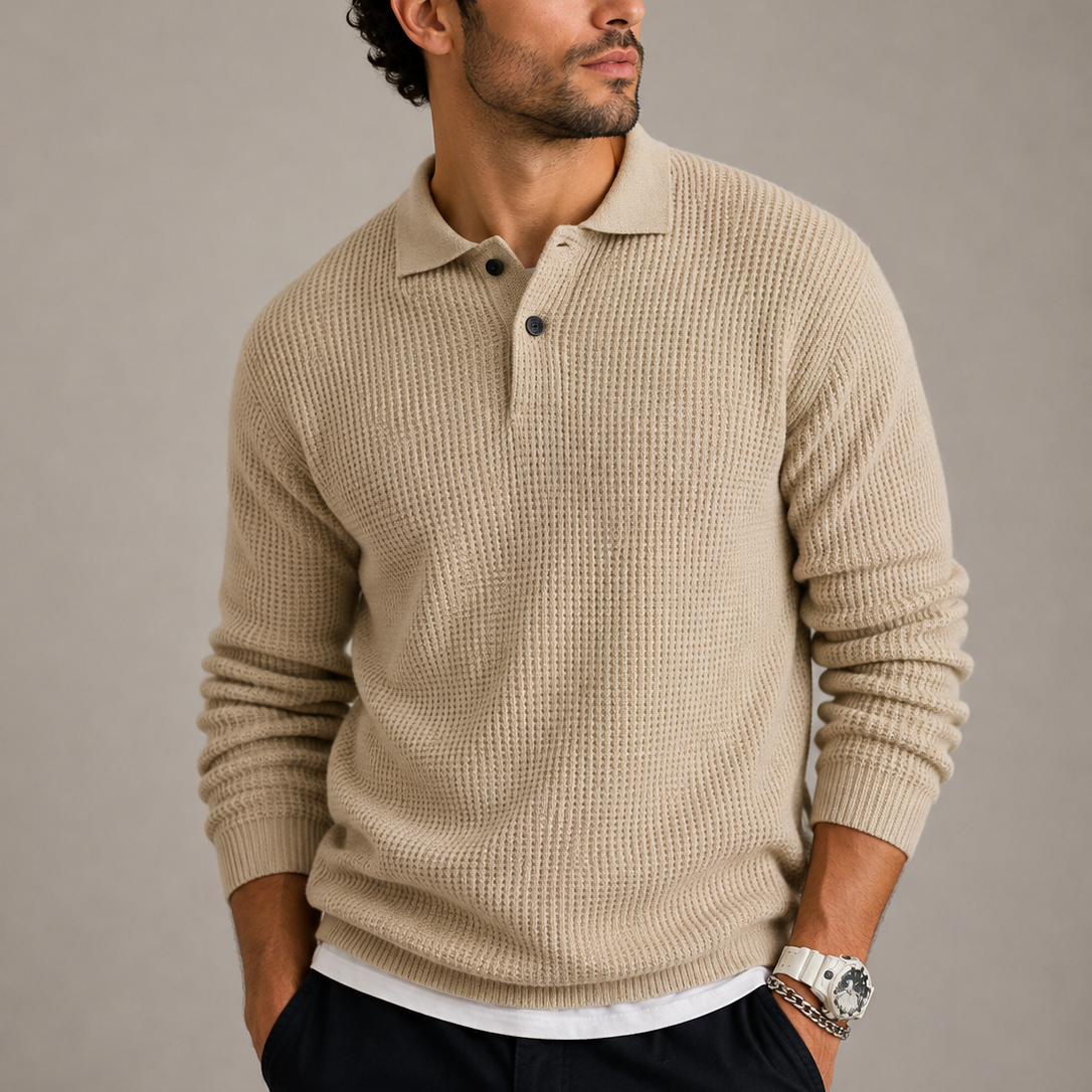 Men's Slim Fit Knit Sweater with Lapel Collar - Cream