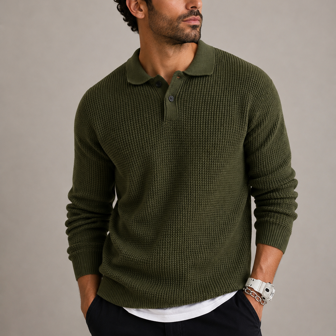 Men's Slim Fit Knit Sweater with Lapel Collar - Green