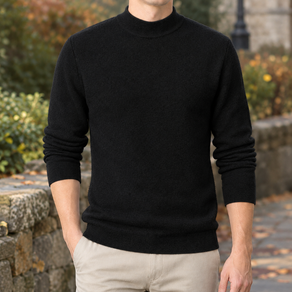 Men's Slim Fit Mock Neck Sweater in Black, worn on model