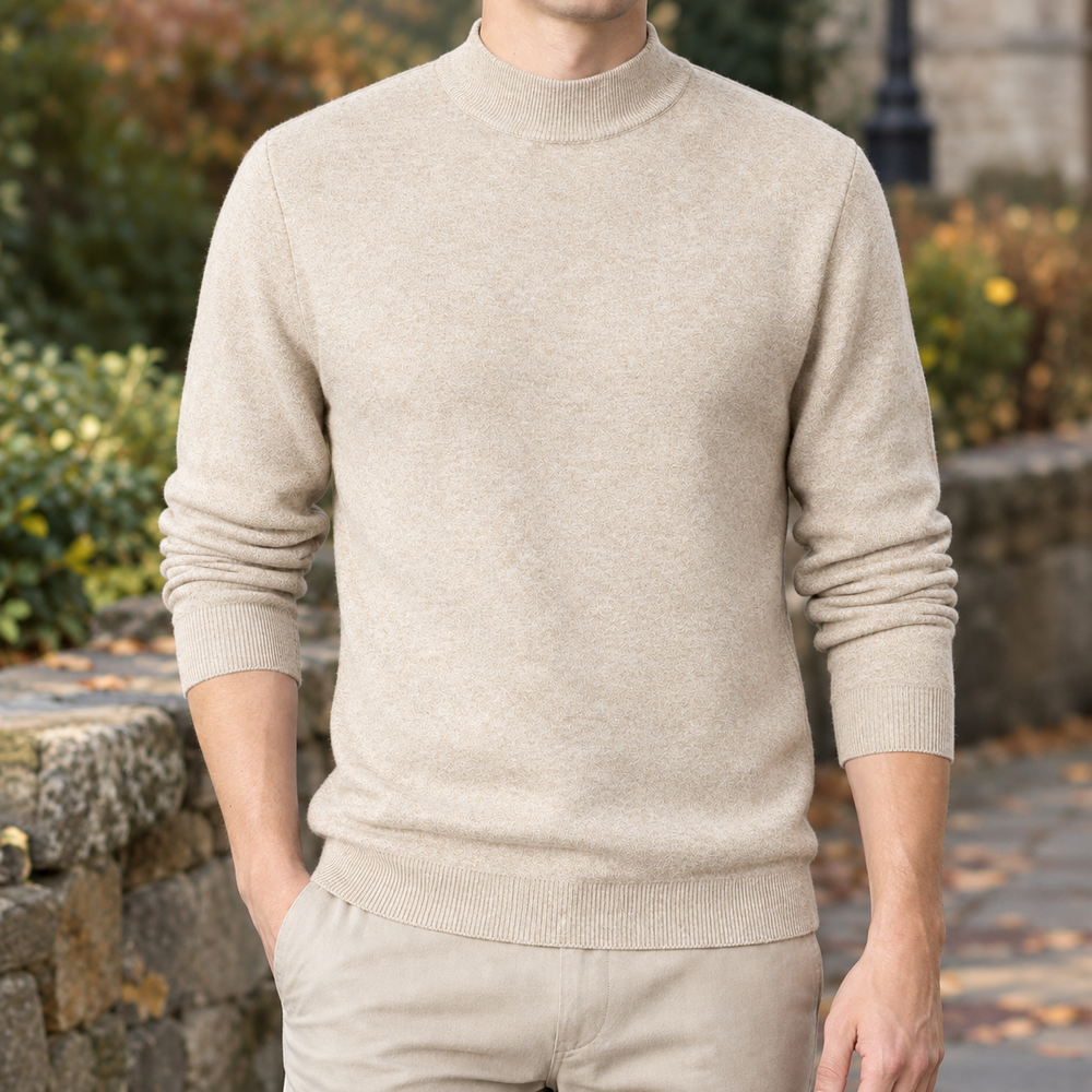Men's Slim Fit Mock Neck Sweater in Camel, worn on model