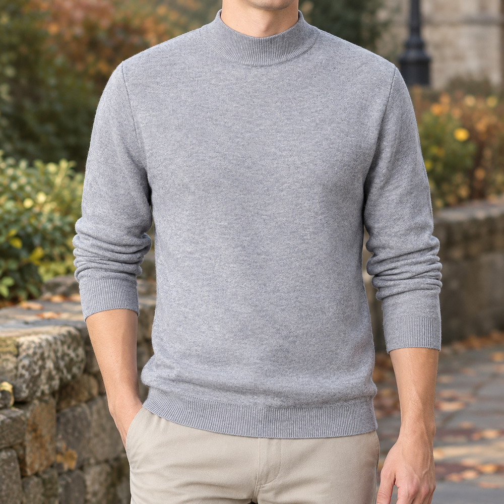 Men's Slim Fit Mock Neck Sweater in Gray, worn on model