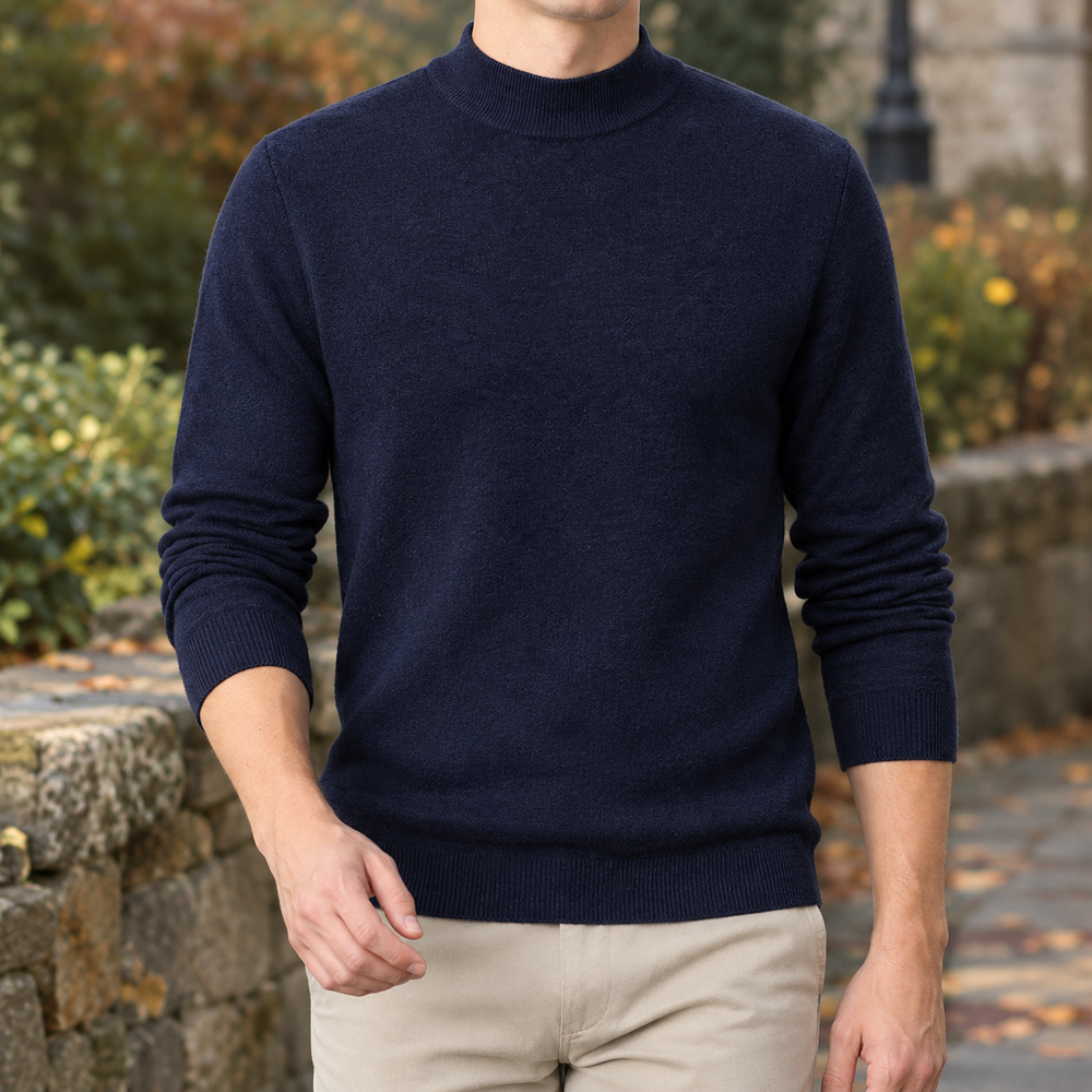 Men's Slim Fit Mock Neck Sweater in Navy Blue, worn on model
