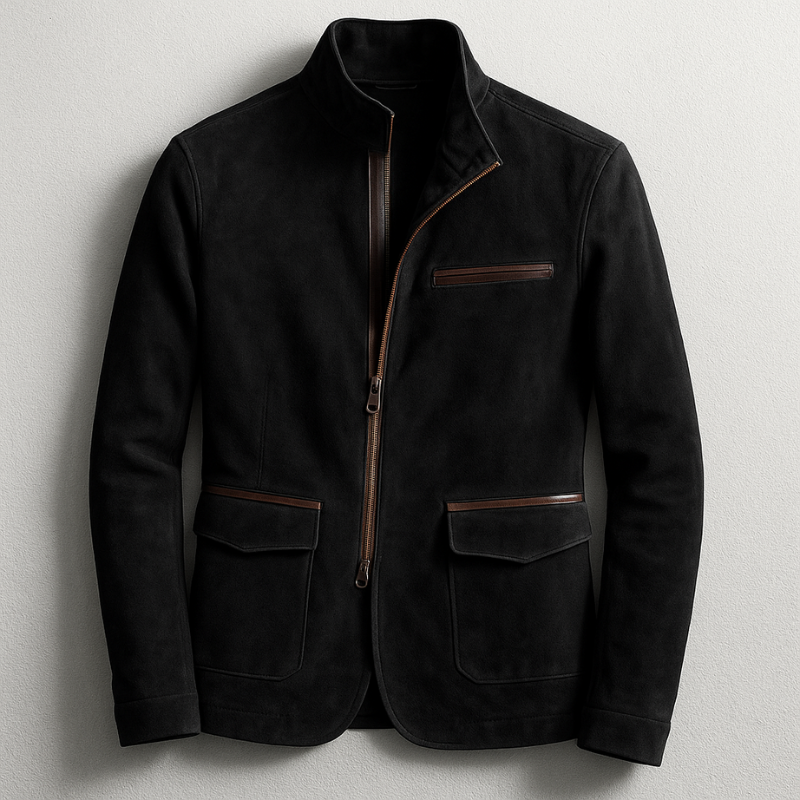 Men's Suede Stand Collar Field Jacket - Black