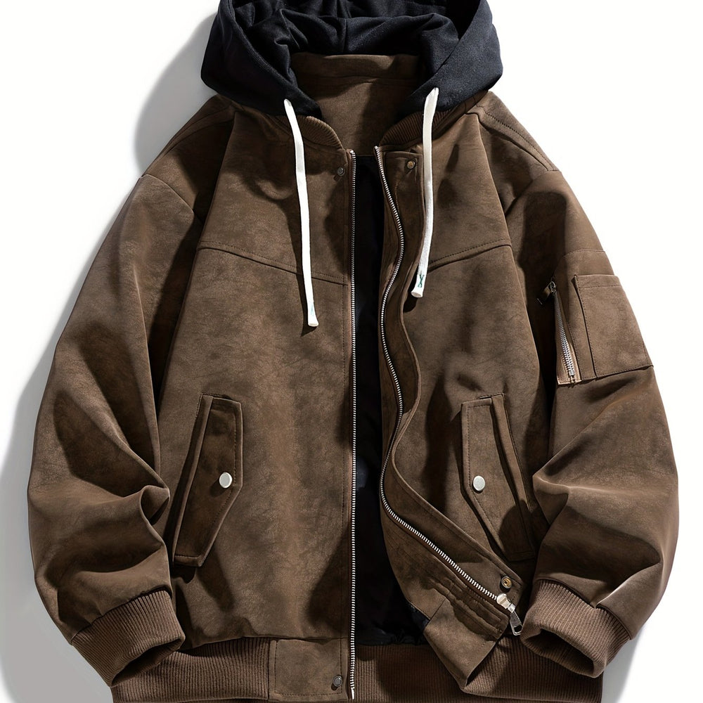 Men's Suede-Textured Hooded Zip Jacket - Coffee Brown