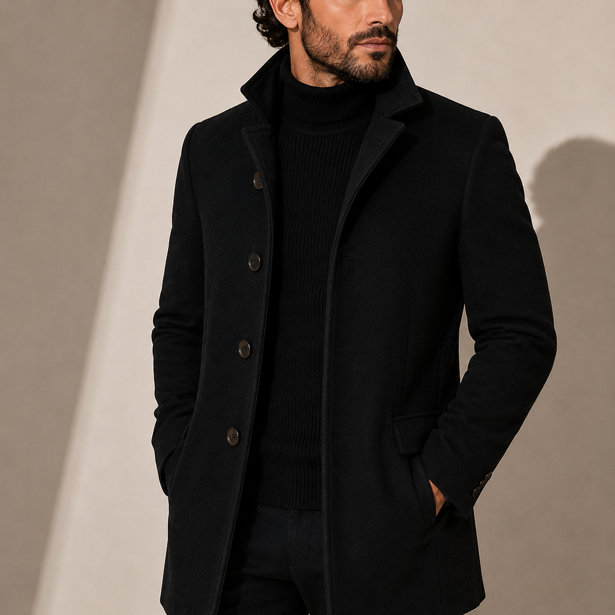 Men's Tailored Stand Collar Coat - Black