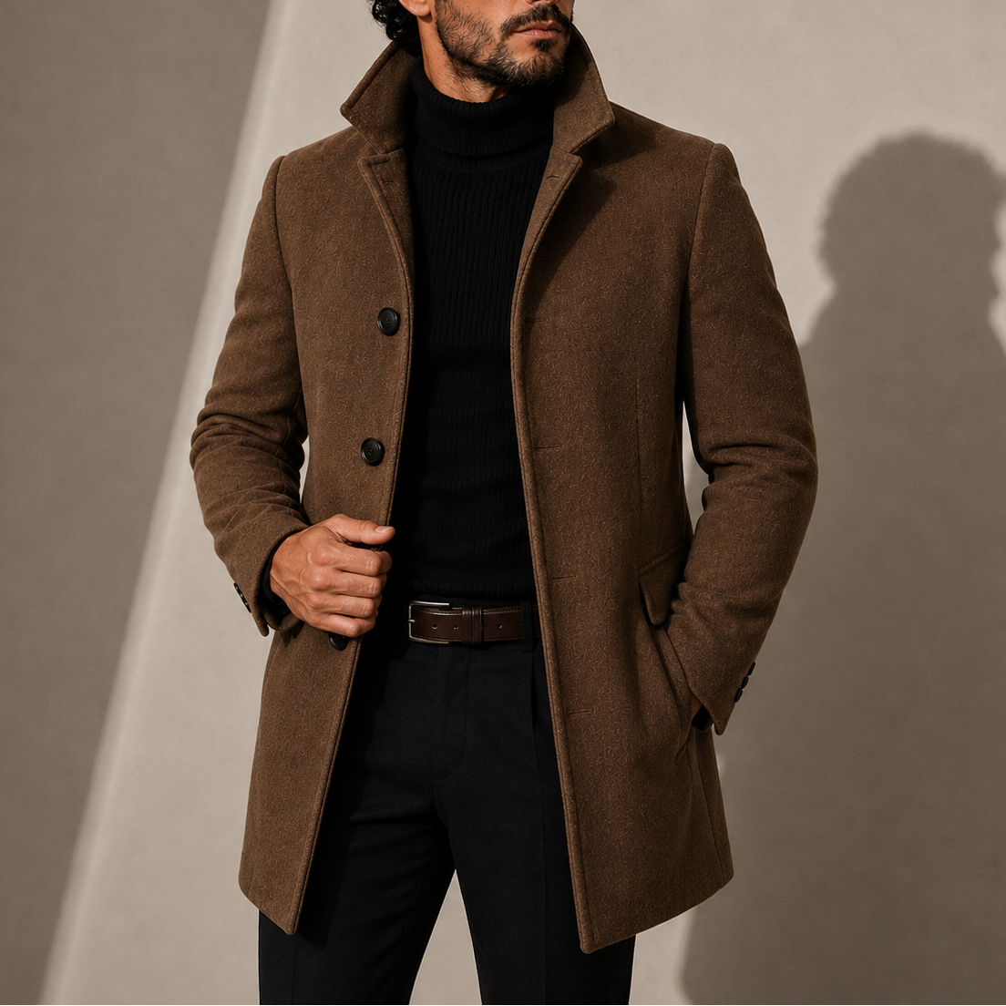 Men's Tailored Stand Collar Coat - Light Brown