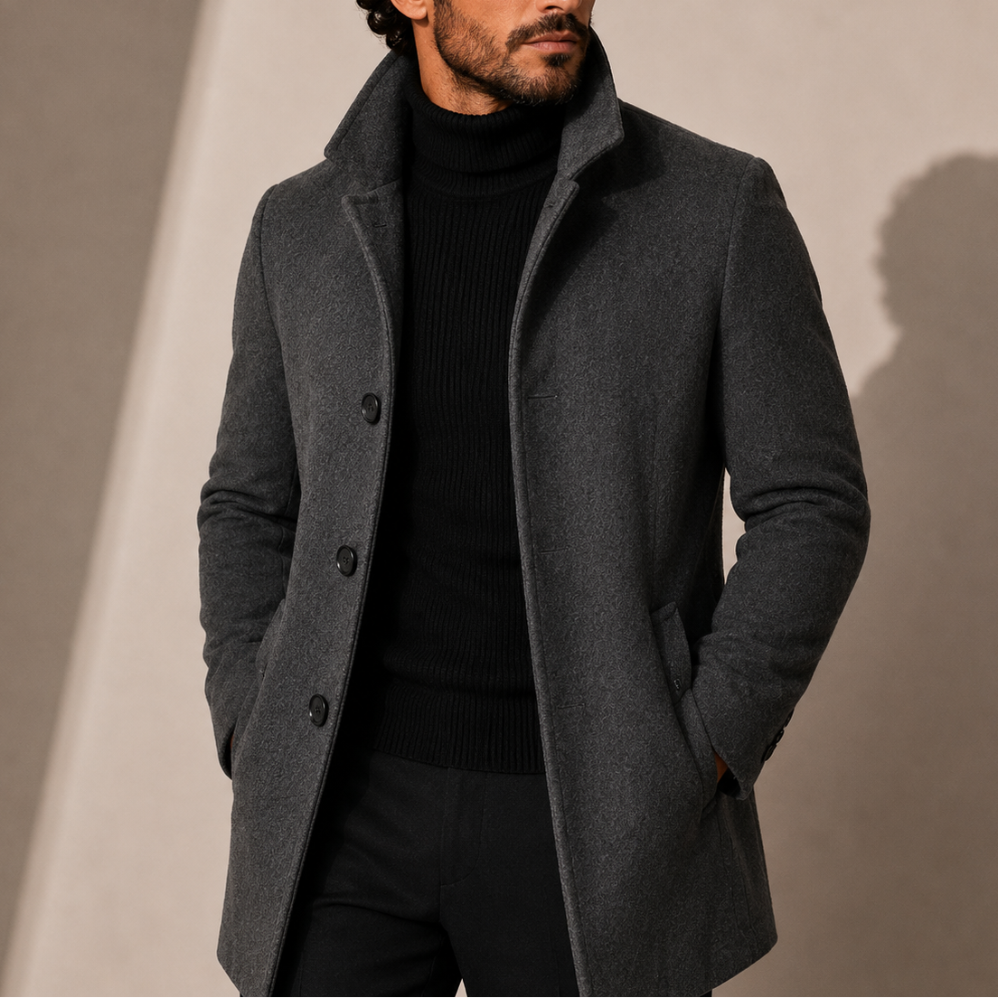 Men's Tailored Stand Collar Coat - Light Grey