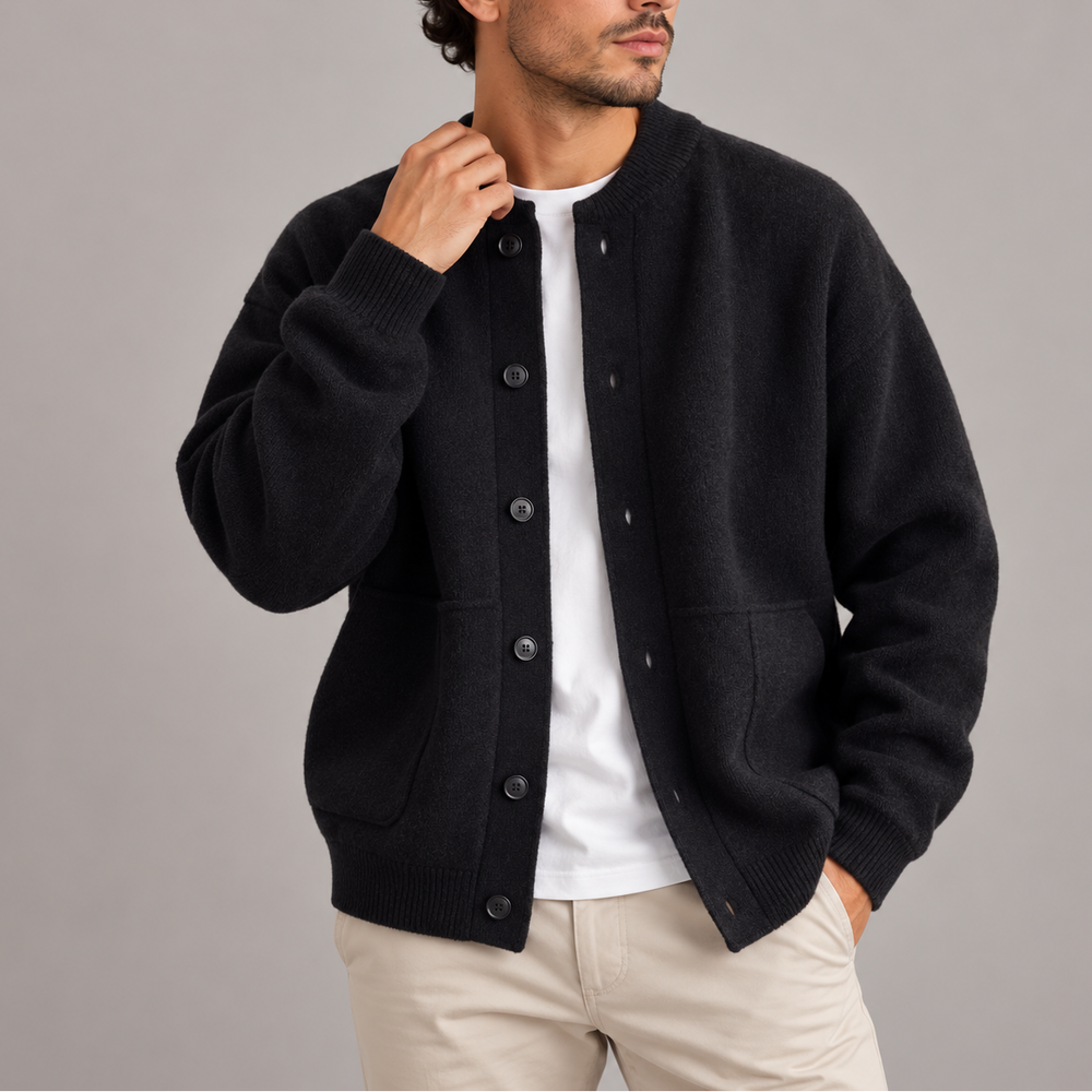 Men's Textured Button-Up Knit Cardigan - Black