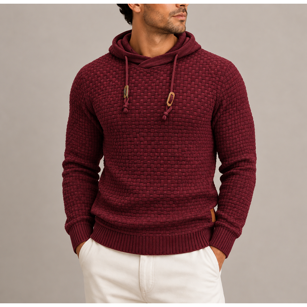 Men's Textured Knit Pullover Hoodie - Bordeaux