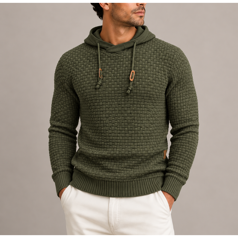 Men's Textured Knit Pullover Hoodie - Green