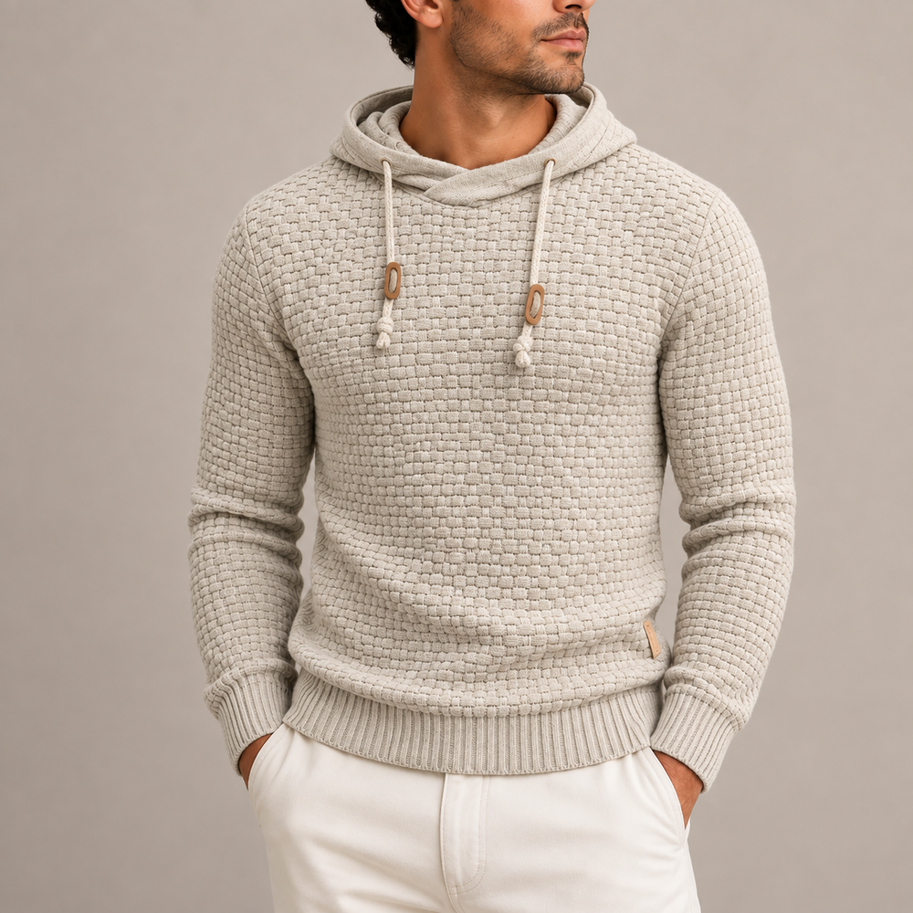 Men's Textured Knit Pullover Hoodie - Light Grey