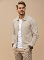 Men's Zip-Up Cardigan with Stand Collar - Beige