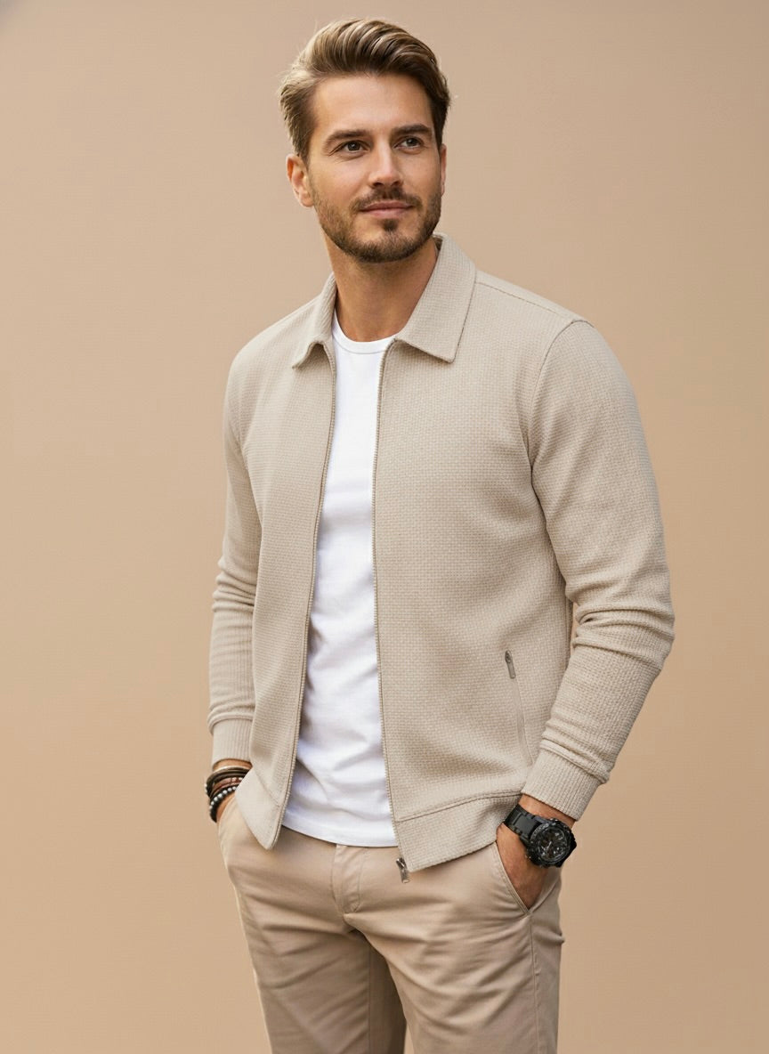 Men's Zip-Up Cardigan with Stand Collar - Beige
