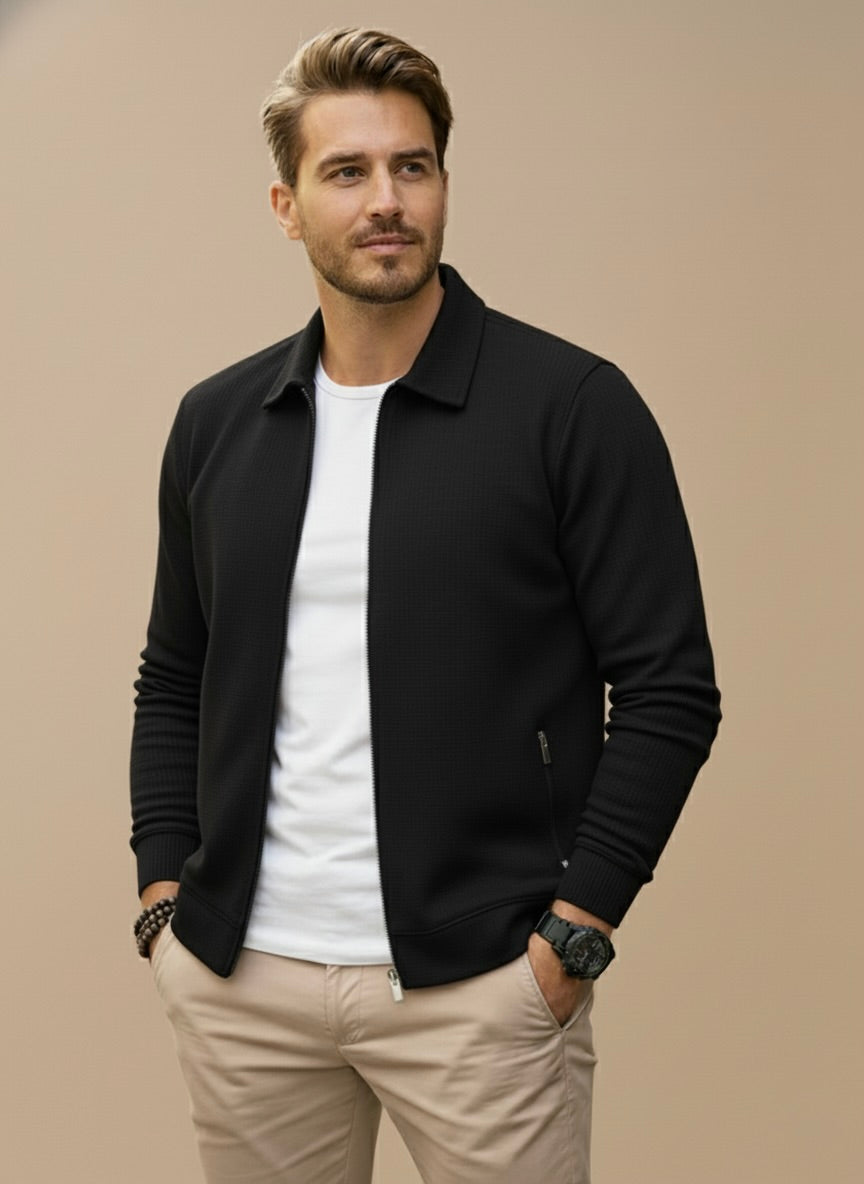 Men's Zip-Up Cardigan with Stand Collar - Black