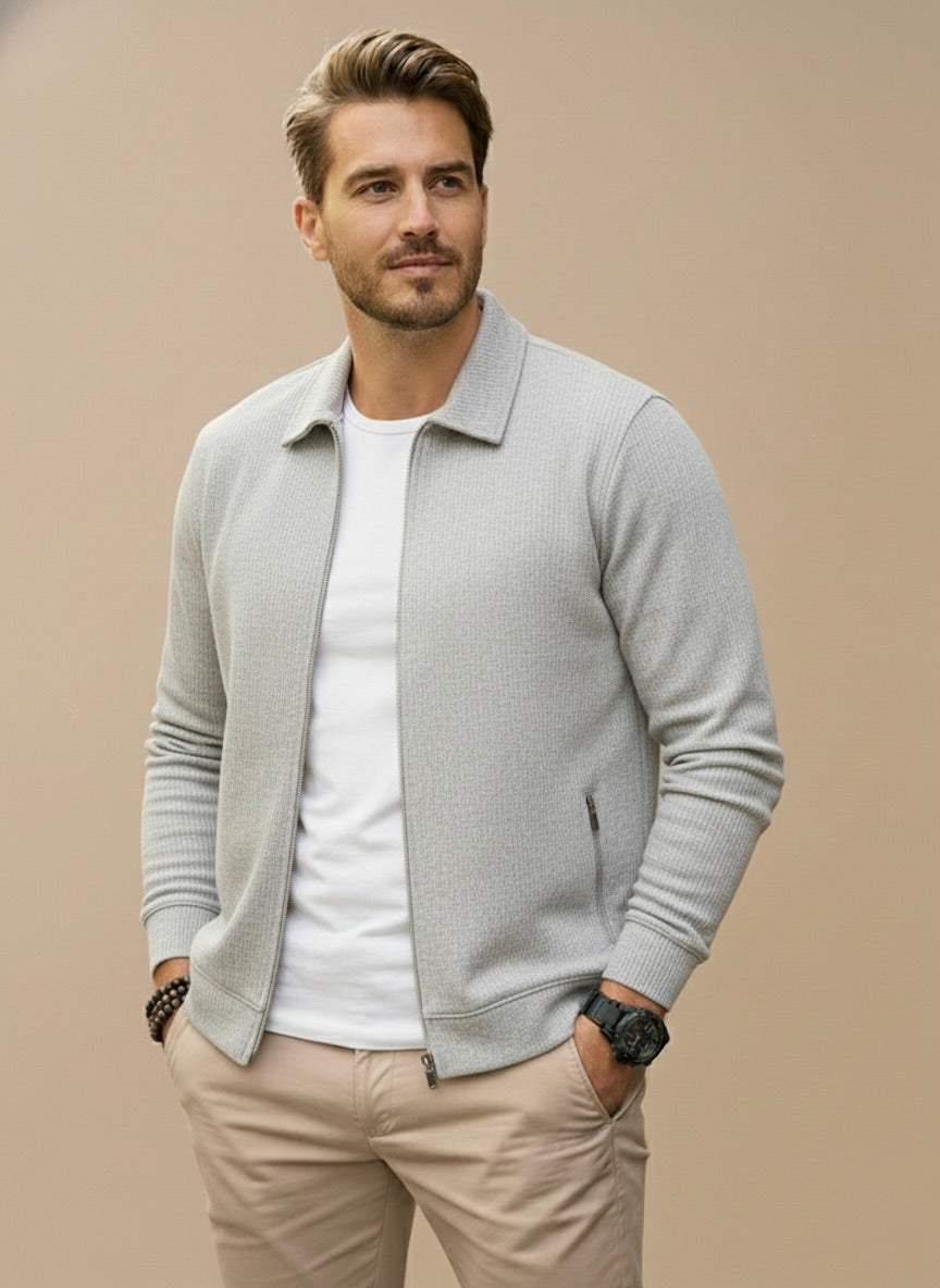 Men's Zip-Up Cardigan with Stand Collar - Light Gray