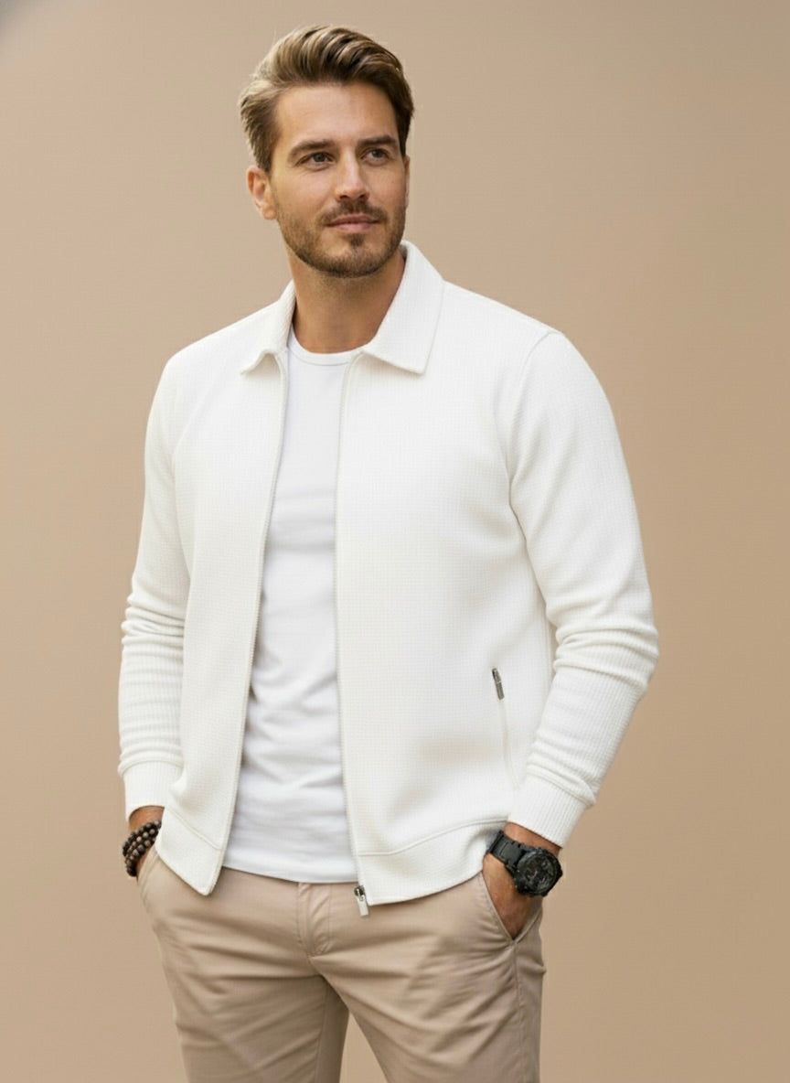 Men's Zip-Up Cardigan with Stand Collar - White