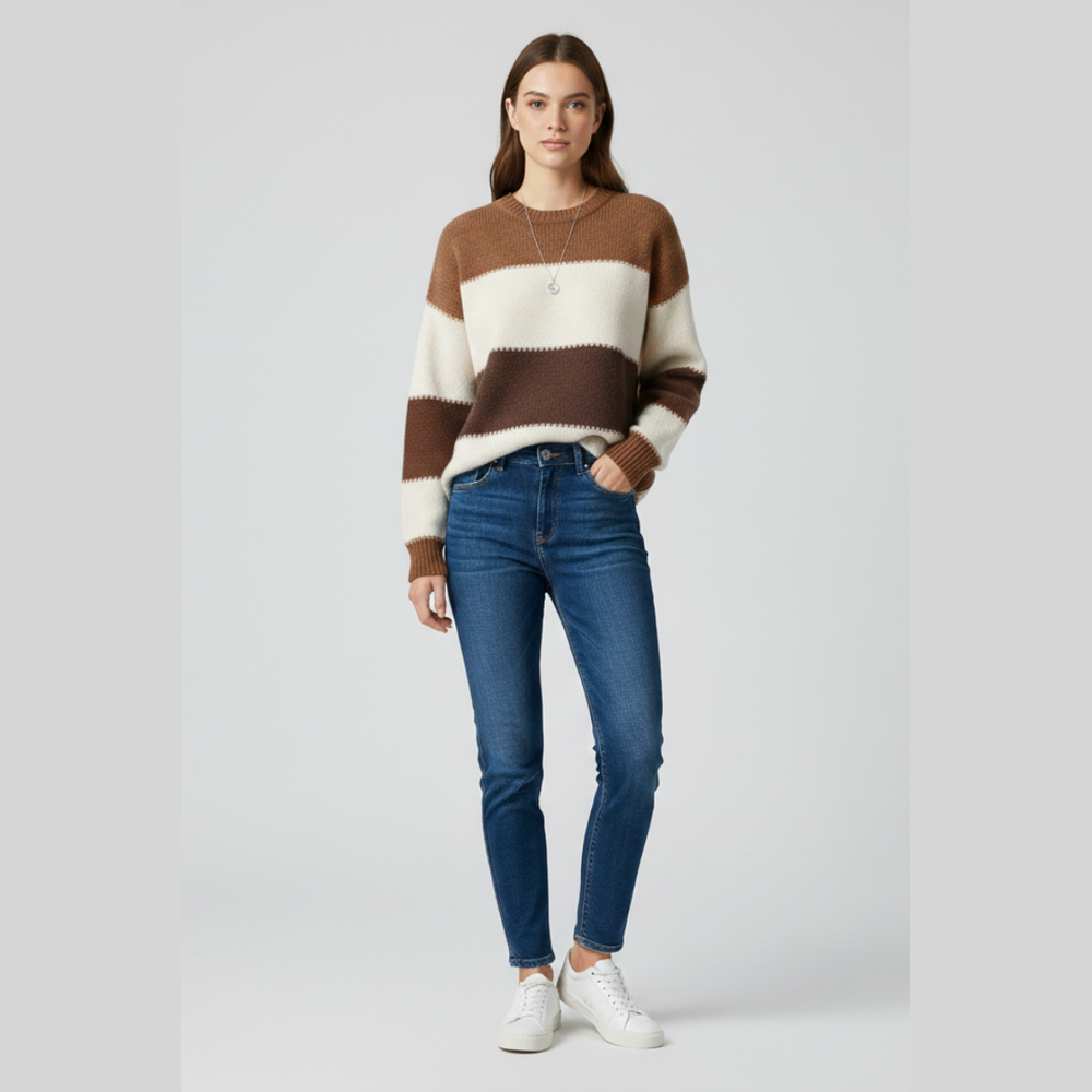 Striped Colorblock Knit Sweater - Brown - on model