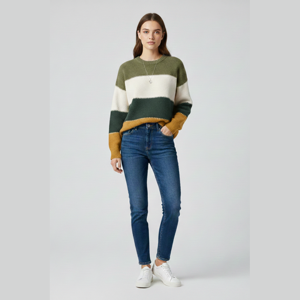 Striped Colorblock Knit Sweater - Green - on model
