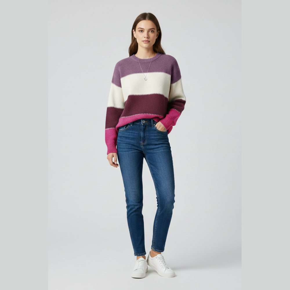 Striped Colorblock Knit Sweater - Purple - on model