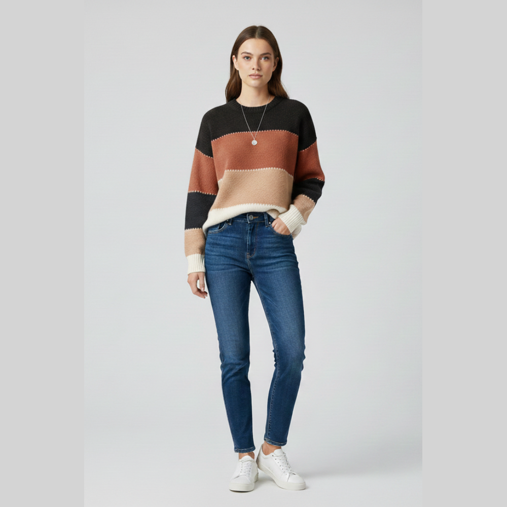Striped Colorblock Knit Sweater - Red - on model