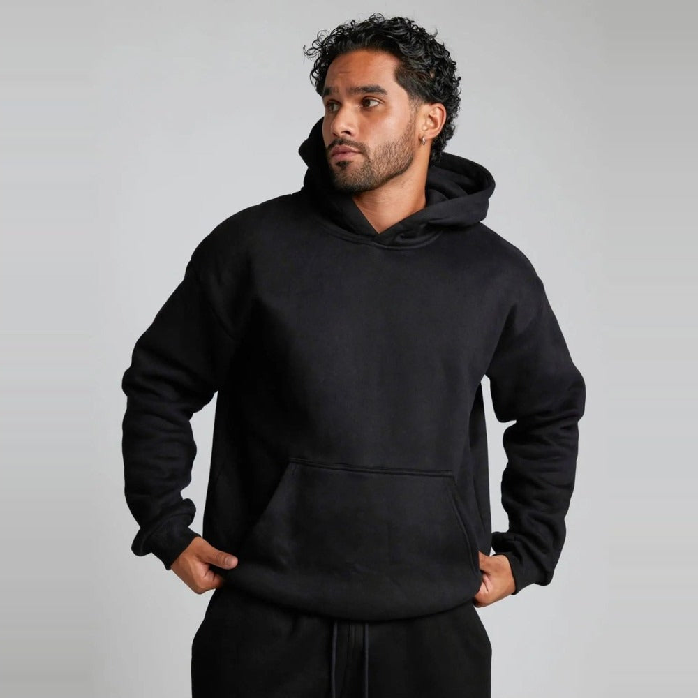 Unisex Oversized Heavy Fleece Hoodie - Black - on model