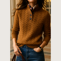 Women's Button-Up Cable Knit Sweater - Camel - on model