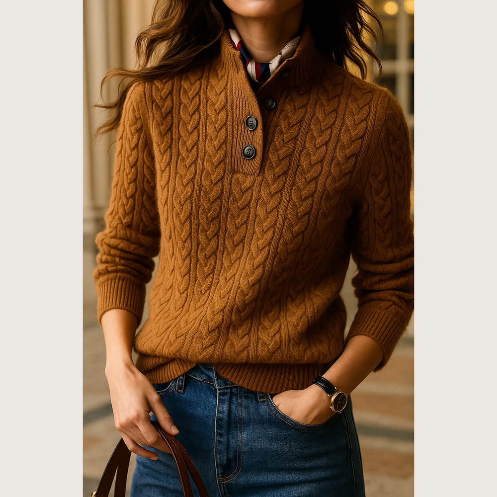 Women's Button-Up Cable Knit Sweater - Camel - on model