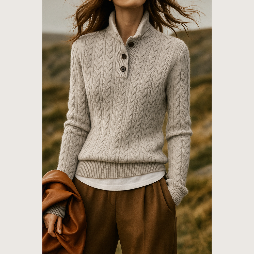 Women's Button-Up Cable Knit Sweater - Gray - on model