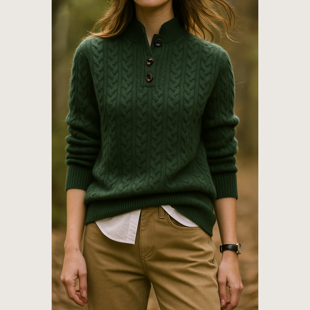 Women's Button-Up Cable Knit Sweater - Olive - on model