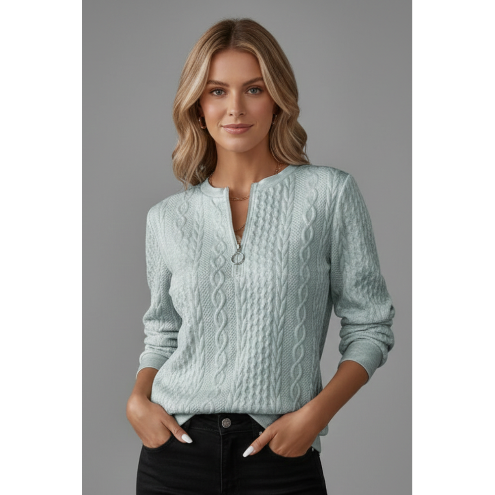 Women's Cable Knit Zip-Neck Jumper - Grey - on model