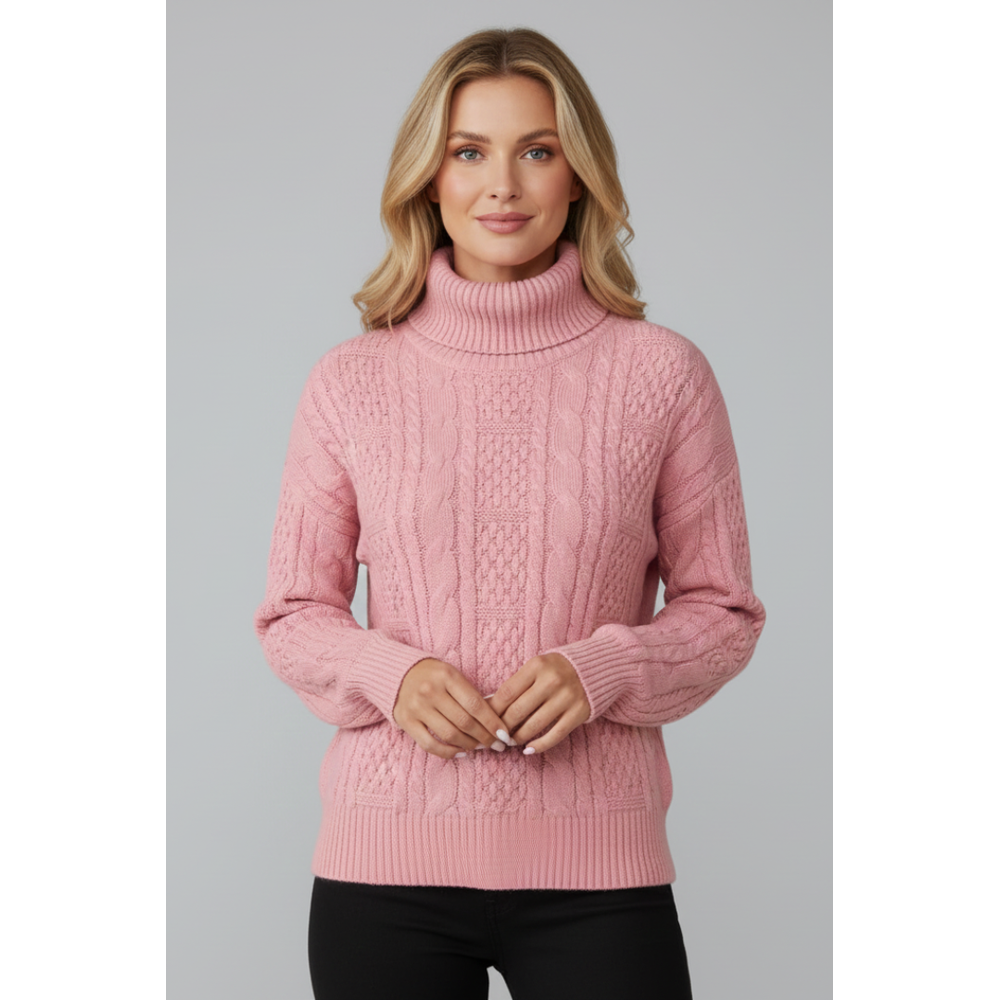 Women's Cable Knit Zip-Neck Jumper - Pink - on model