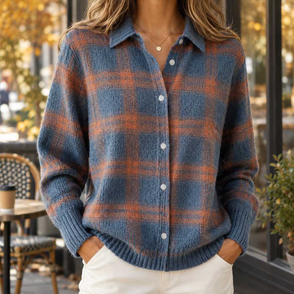 Women's Collared Button-Front Knit Cardigan in Blue Rust Plaid, worn on model