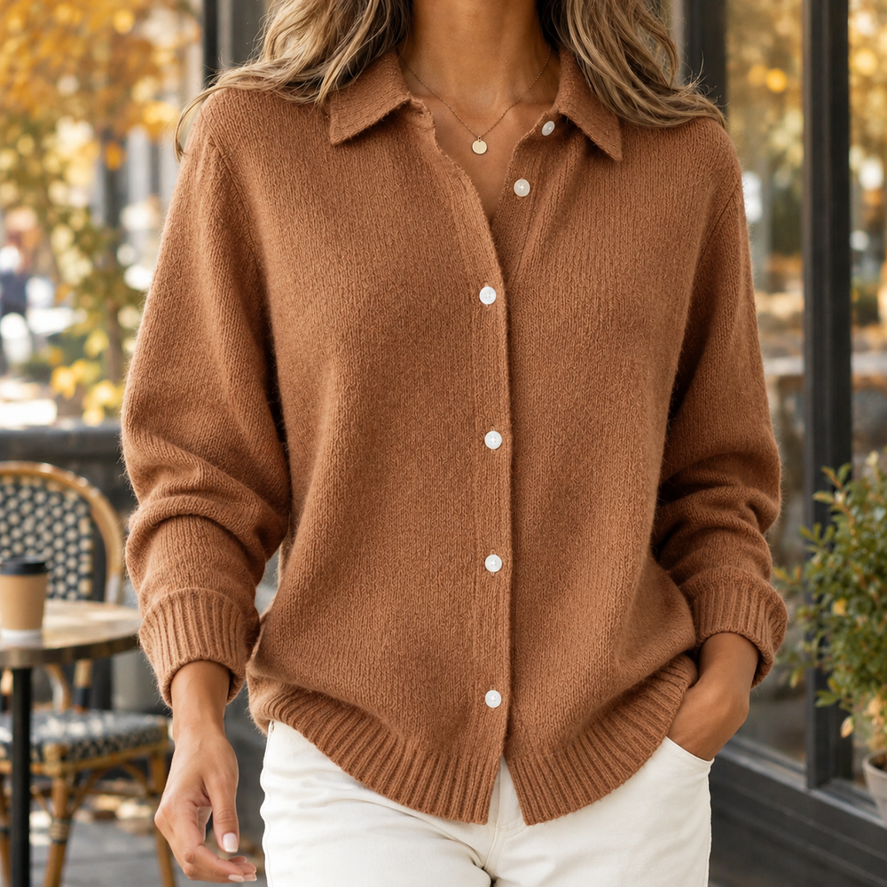 Women's Collared Button-Front Knit Cardigan in Camel, worn on model