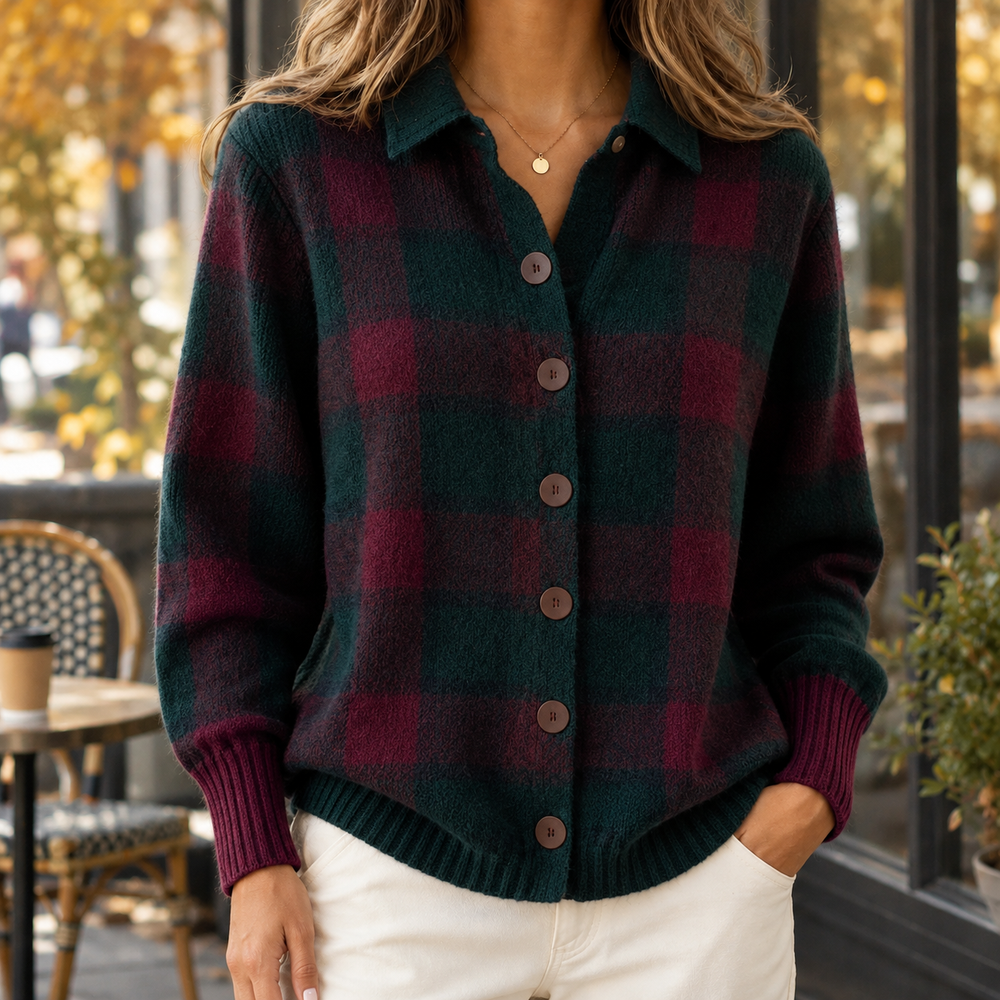 Women's Collared Button-Front Knit Cardigan in Dark Green Burgundy Plaid, worn on model