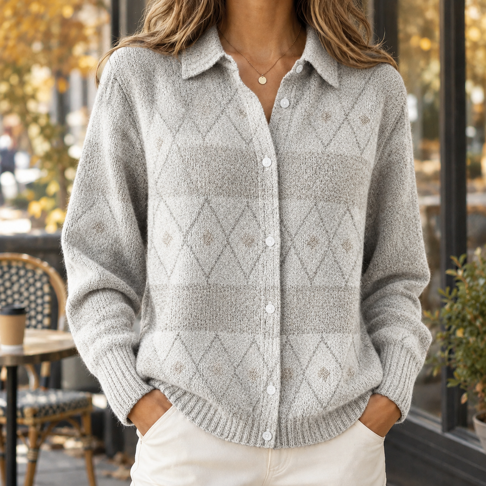 Women's Collared Button-Front Knit Cardigan in Light Gray Argyle, worn on model