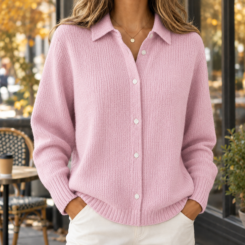 Women's Collared Button-Front Knit Cardigan in Light Pink, worn on model