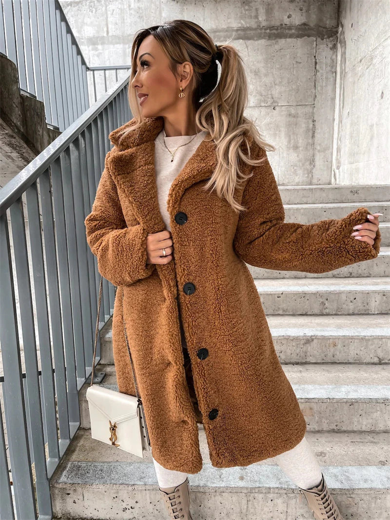 Women's Faux Shearling Teddy Coat | Long Winter Jacket - Brown