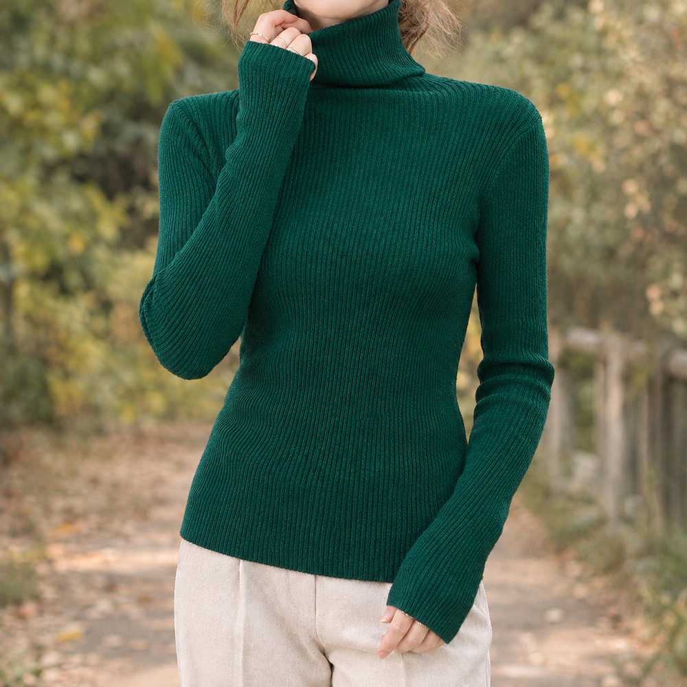 Women's Fitted Ribbed Turtleneck Sweater - Dark Green - on model
