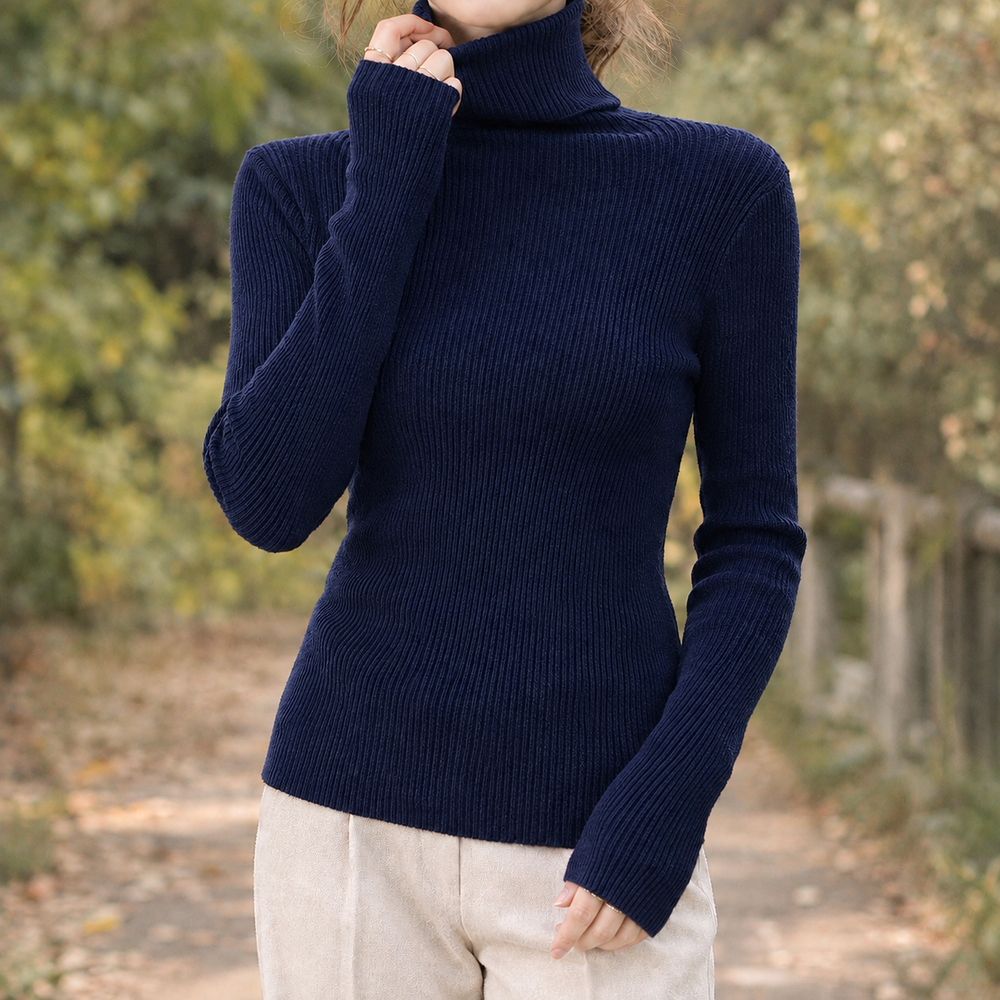 Women's Fitted Ribbed Turtleneck Sweater - Navy Blue - on model