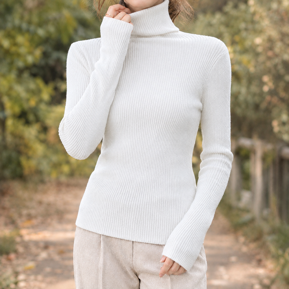Women's Fitted Ribbed Turtleneck Sweater - White - on model