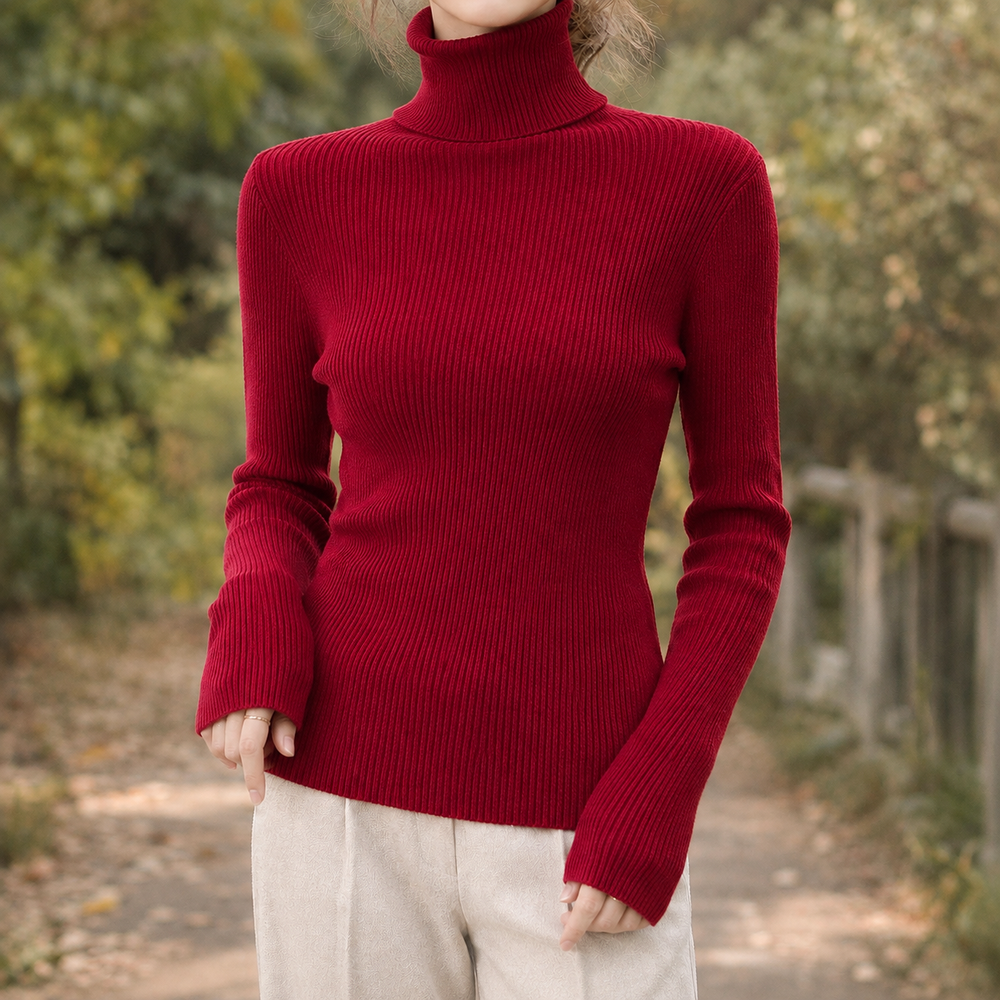 Women's Fitted Ribbed Turtleneck Sweater - Wine Red - on model